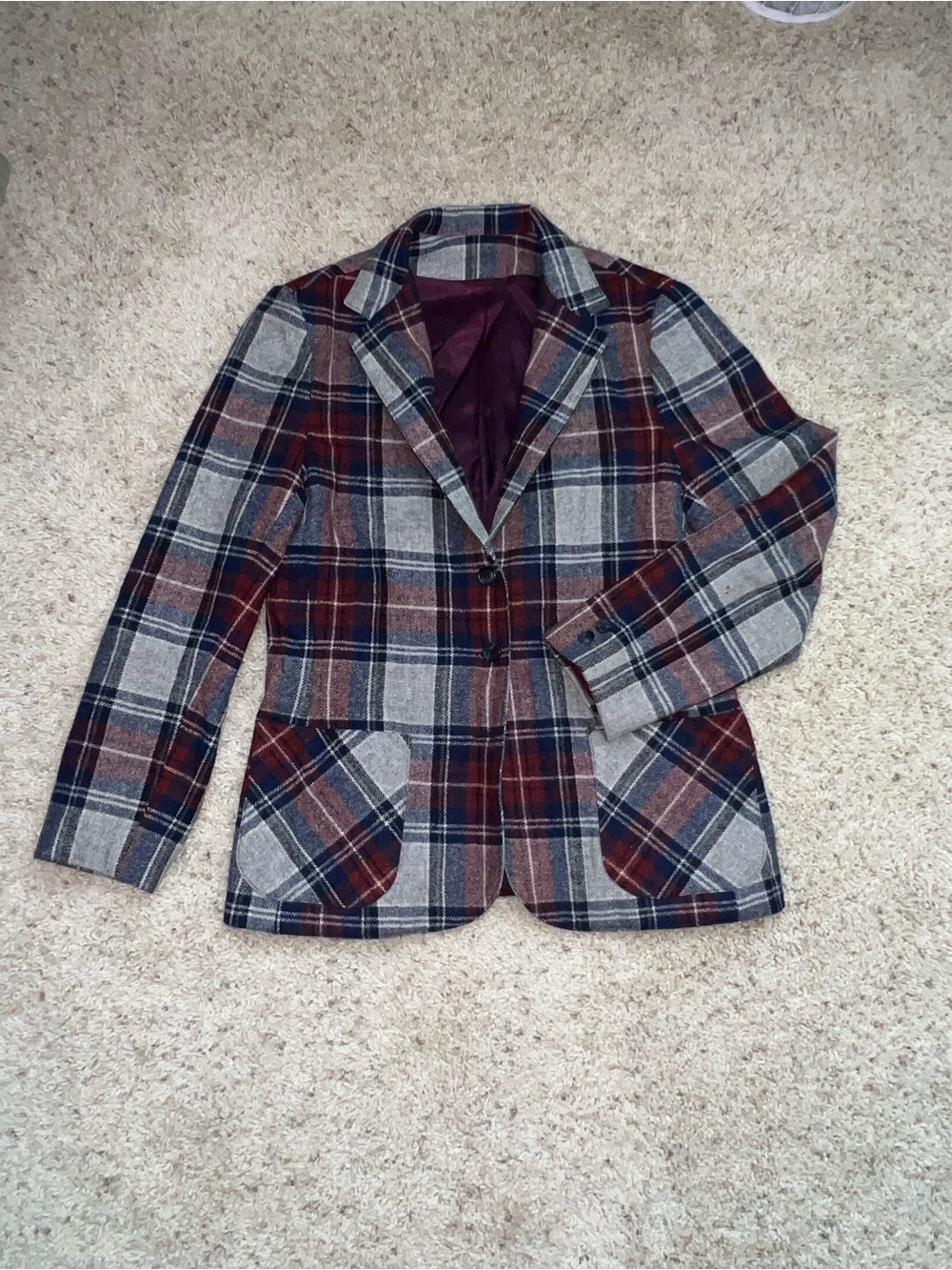 Plaid Single-Button Women's Blazer in Gray, Navy & Burgundy